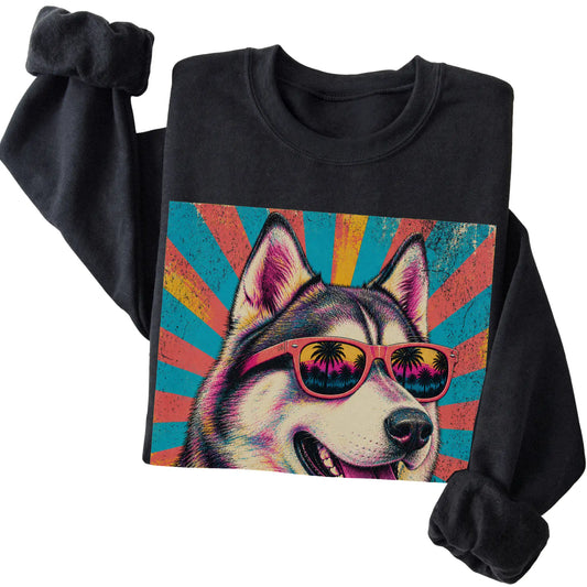 Folded Black crewneck sweatshirt with a Retro Husky Mama design
