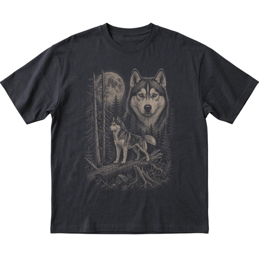 Husky Moonlit Forest graphic on a black Softstyle T-shirt laid flat