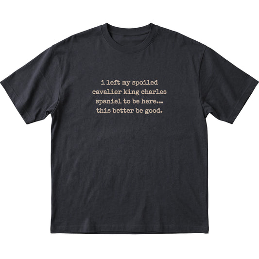Black I Left My Spoiled Cavalier King Charles Spaniel T-shirt laid flat