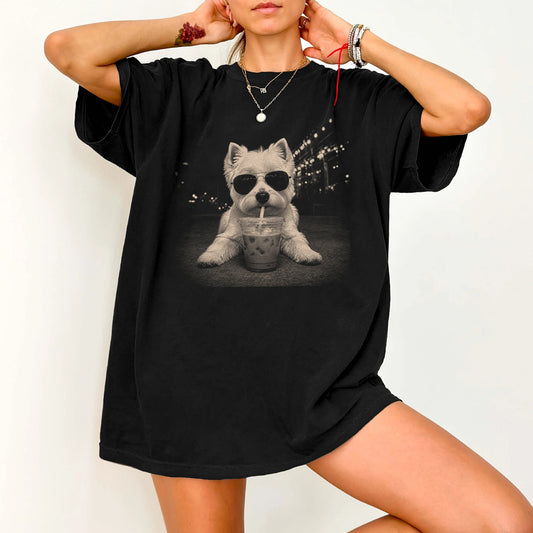 Model wearing a Black Comfort Colors® T-shirt featuring Westie with iced coffee in a retro grunge design