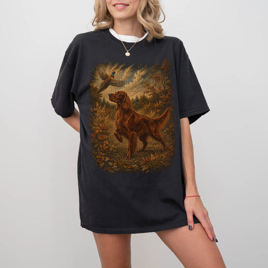 Woman wearing a Black Irish Setter Pheasant Hunting T-Shirt