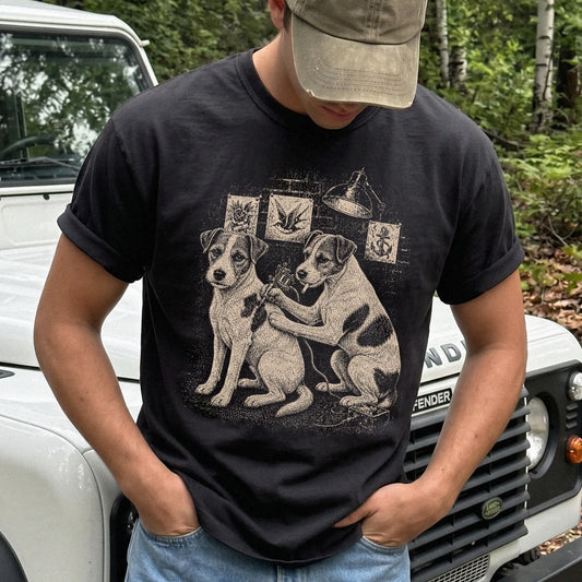 Person wearing a Black Jack Russell Tattoo t-shirt