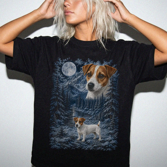 Model wearing a black T-shirt with Jack Russell Winter Moon artwork.