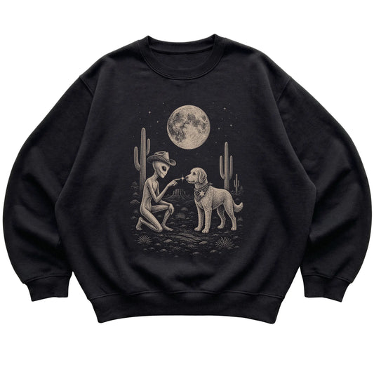 Black crewneck sweatshirt featuring Labradoodle Cowboy and Alien, laid-flat presentation