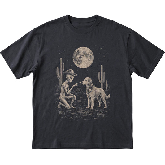 Black T-shirt featuring Labradoodle Cowboy and Alien, laid-flat presentation