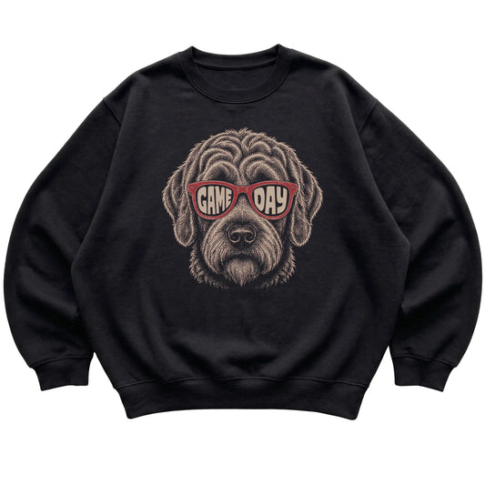 Black Labradoodle Game Day Sunglasses sweatshirt, laid flat