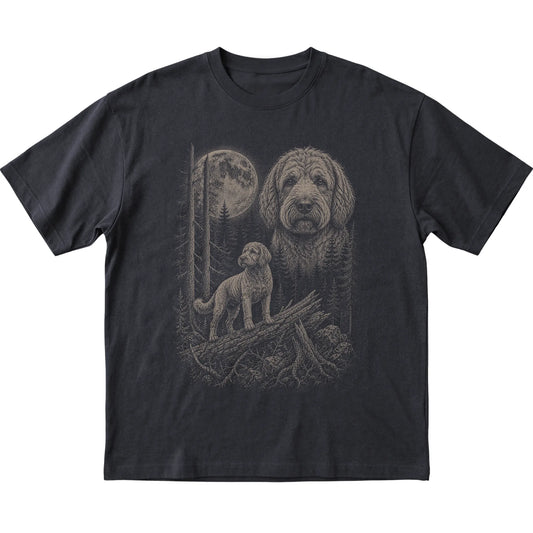 Labradoodle Moonlit Forest graphic on a black Softstyle T-shirt laid flat