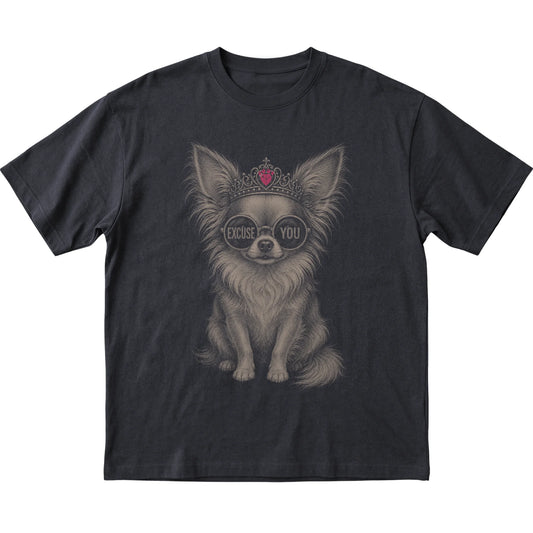 Black Long-Haired Chihuahua Excuse You T-Shirt laid flat