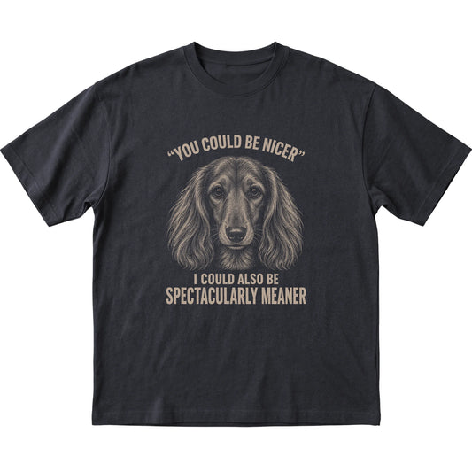 Long-Haired Dachshund Guard Dog T-Shirt in Black — flat lay