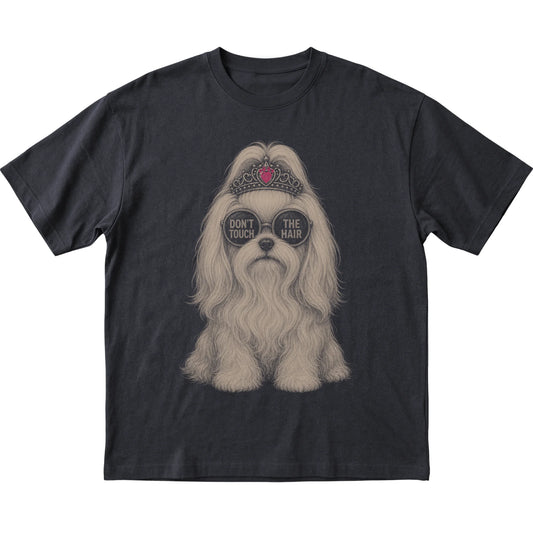 Black Maltese Don't Touch The Hair T-Shirt laid flat