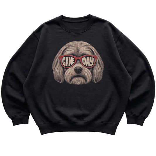 Black Maltese Game Day Sunglasses sweatshirt, laid flat