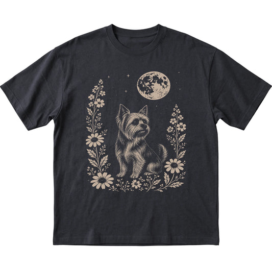 Black Moon Flowers Yorkie T-shirt, flat view
