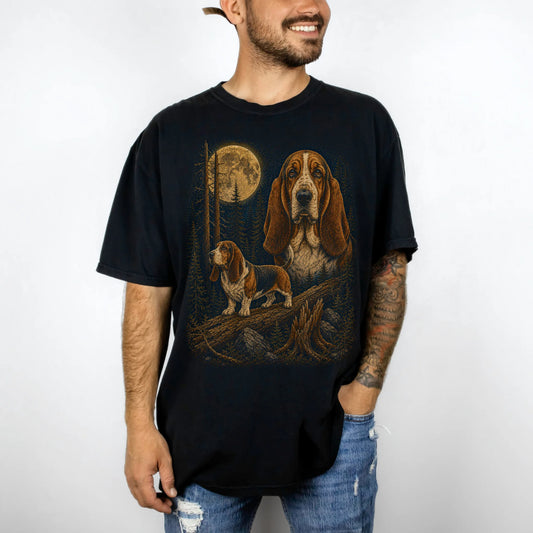 Person wearing a Black Basset Hound full-color Moonlit Forest t-shirt