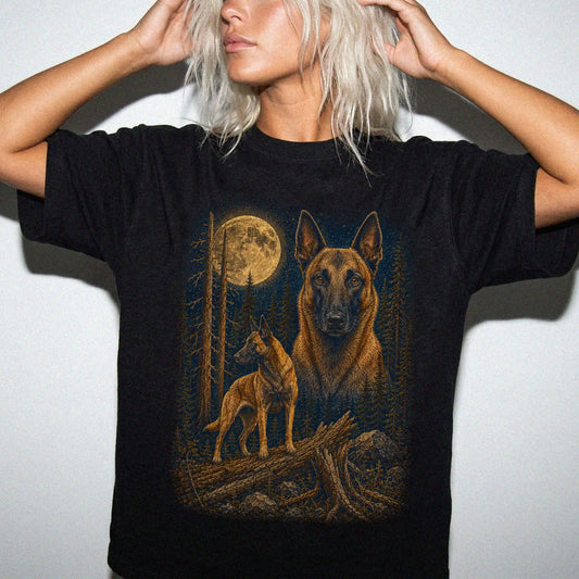 Person wearing a Black Belgian Malinois Wildwood Moon t-shirt