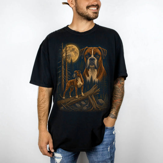 Person wearing a Black Boxer Wildwood Moon t-shirt