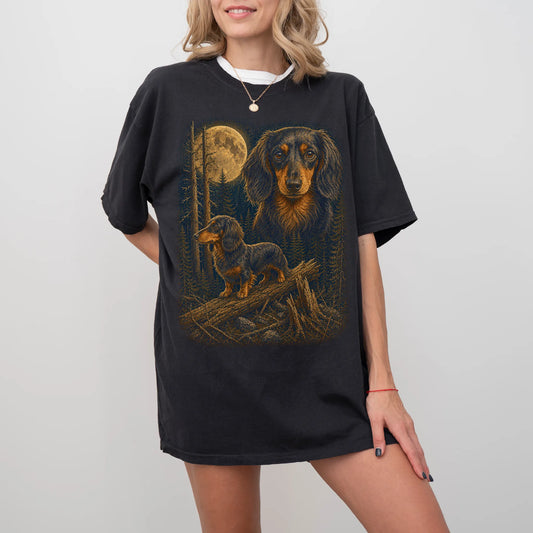 Person wearing a Black Dachshund Wildwood Moon t-shirt