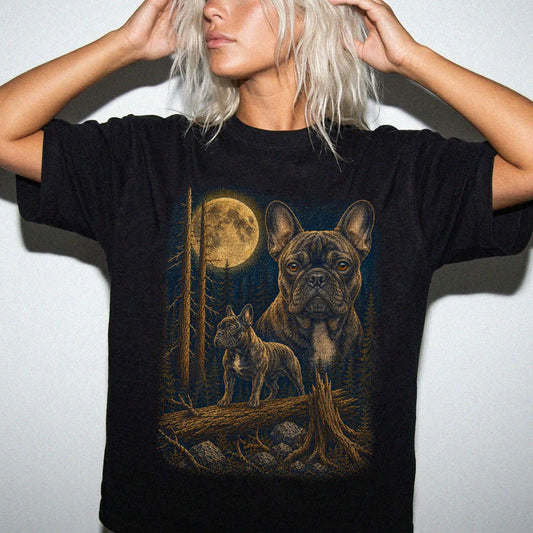 Person wearing a Black French Bulldog Wildwood Moon t-shirt