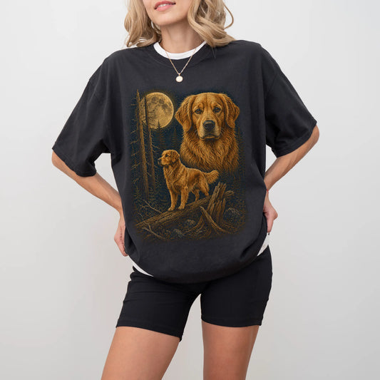 Person wearing a Black Golden Retriever full-color Moonlit Forest t-shirt