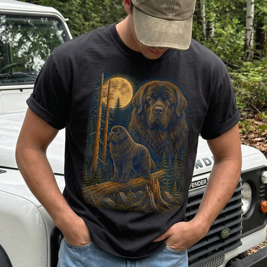 Person wearing a Black Newfie full-color Moonlit Forest t-shirt