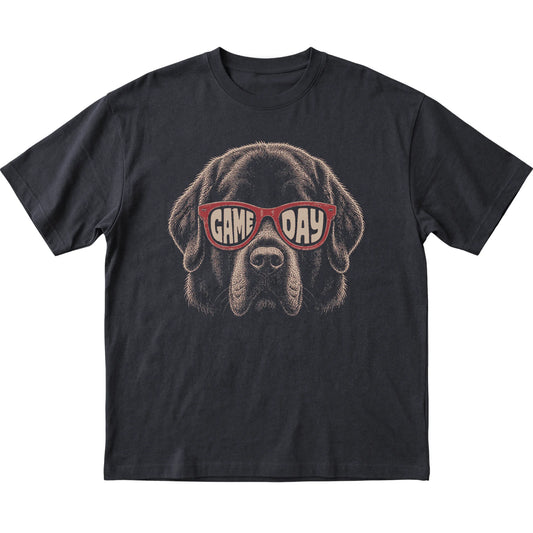 Black Newfie Game Day Sunglasses T-shirt, laid flat