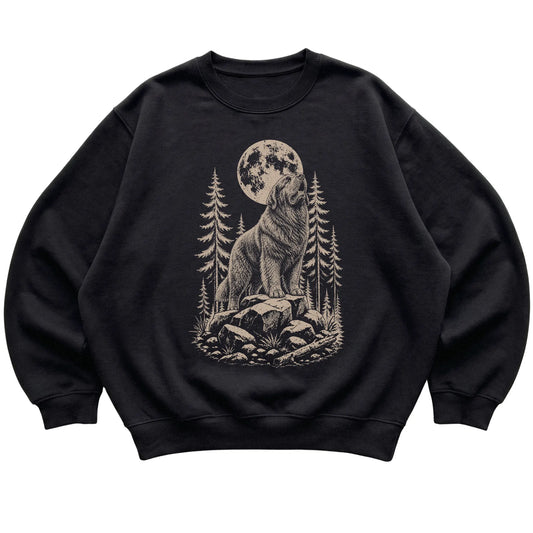 Close view of Newfie Howling at the Moon artwork on Black crewneck sweatshirt