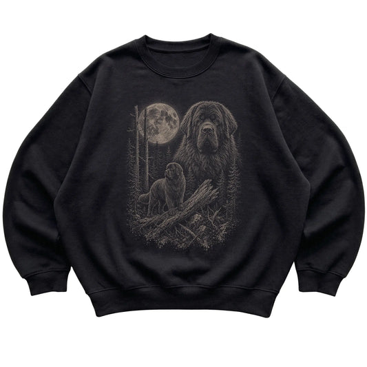 Newfie Moonlit Forest graphic on a black crewneck sweatshirt laid flat