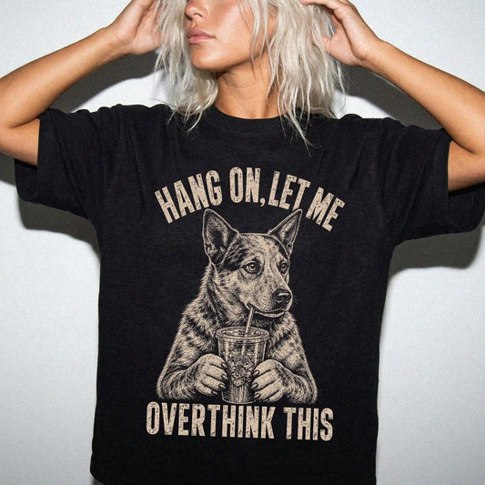 Woman wearing a Black Overthinking Blue Heeler T-Shirt