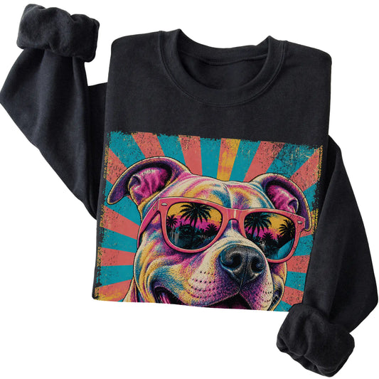 Folded Black crewneck sweatshirt with a Retro Pitbull Mama design