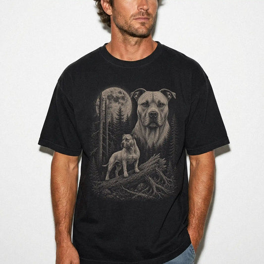 Man wearing a Black Pitbull Moonlit Forest T-Shirt