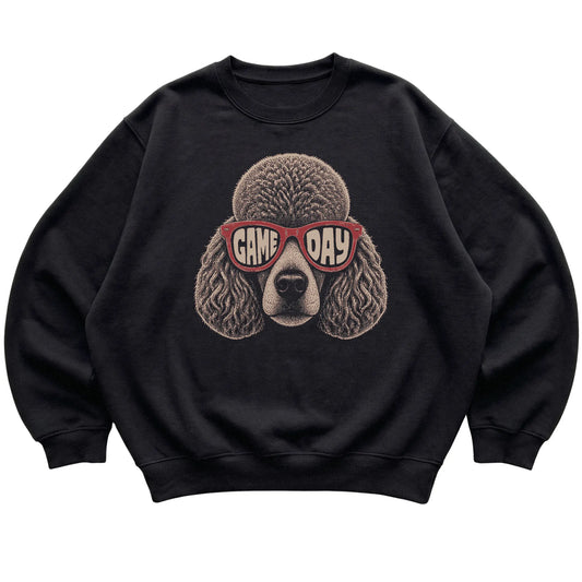 Black Poodle Game Day Sunglasses sweatshirt, laid flat