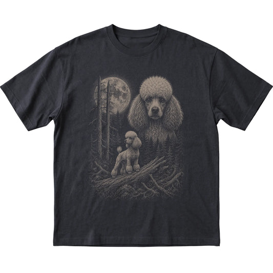 Poodle Moonlit Forest graphic on a black Softstyle T-shirt laid flat