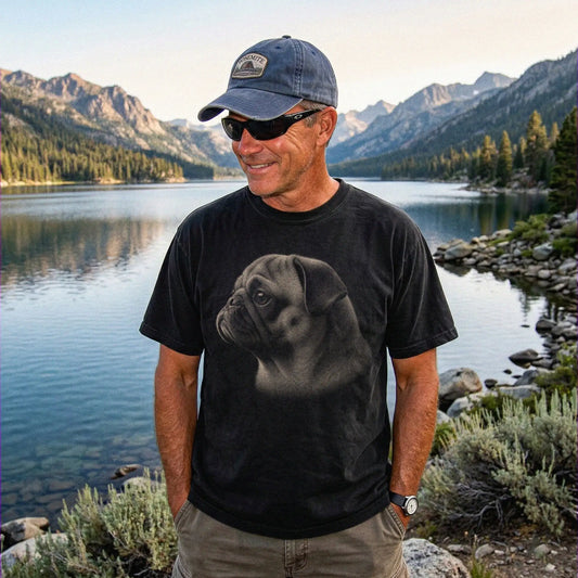 Model wearing a Black Comfort Colors® T-shirt with a detailed photographic portrait of a Pug