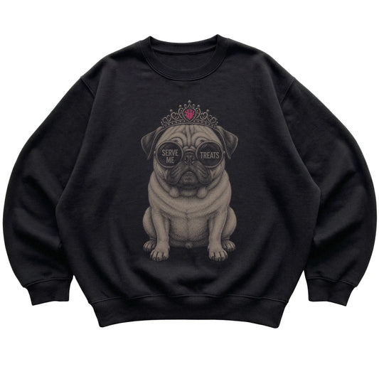 Black Pug Serve Me Treats T-Shirt laid flat