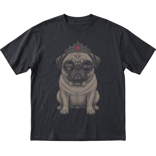 Black Pug Serve Me Treats T-Shirt laid flat