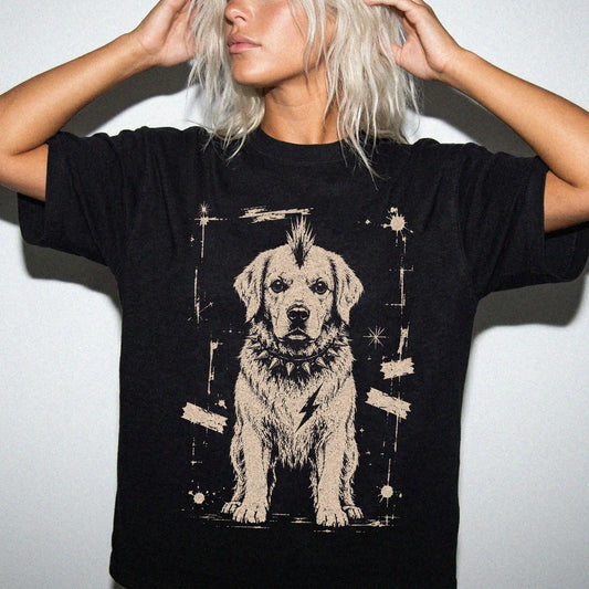 Woman wearing a Black Punk Rock Golden Retriever T-Shirt