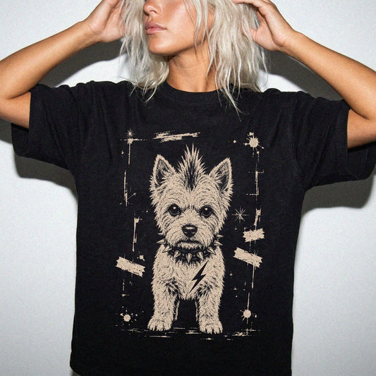 Woman wearing a Black Punk Rock Westie T-Shirt