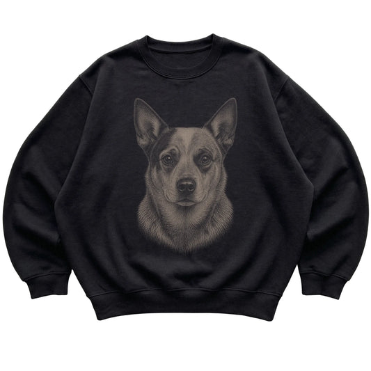 Black Realistic Drawing Blue Heeler sweatshirt, flat view