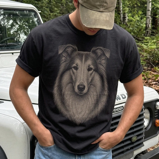 Model wearing a Black Comfort Colors® T-shirt with a realistic drawing of a Collie