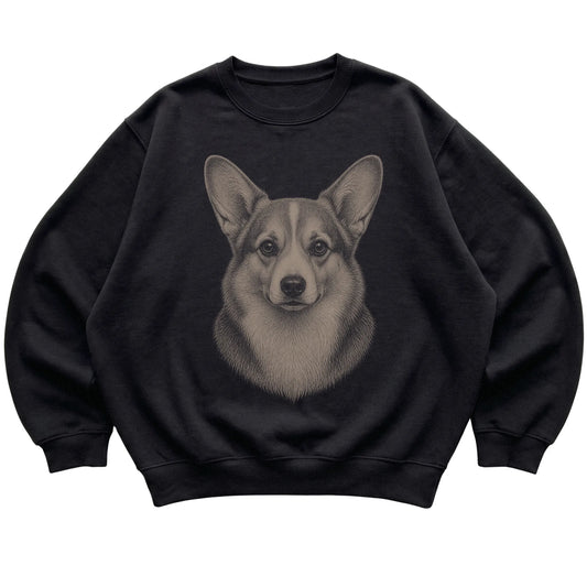 Black Realistic Drawing Corgi sweatshirt, flat view