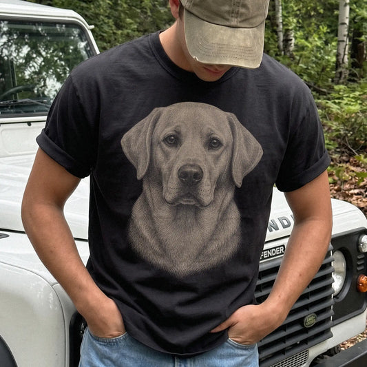 Model wearing a Black Comfort Colors® T-shirt with a realistic drawing of a Labrador Retriever