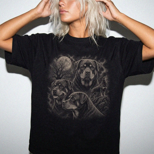Model wearing a Black Comfort Colors® T-shirt with a vintage moon montage featuring Rottweiler