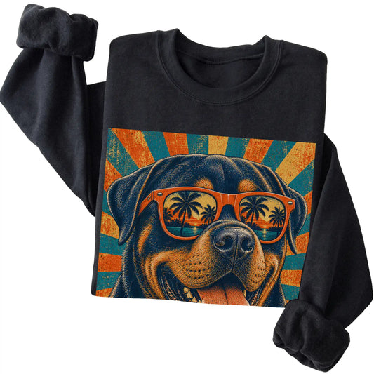 Folded Black crewneck sweatshirt with a Retro Rottweiler Dad design