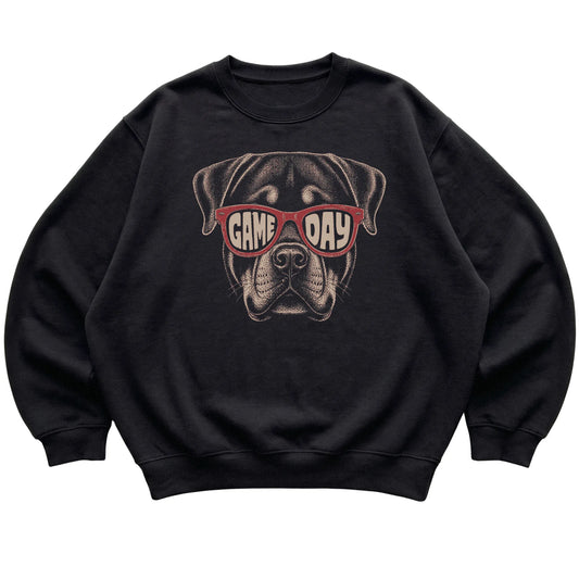 Black Rottweiler Game Day Sunglasses sweatshirt, laid flat