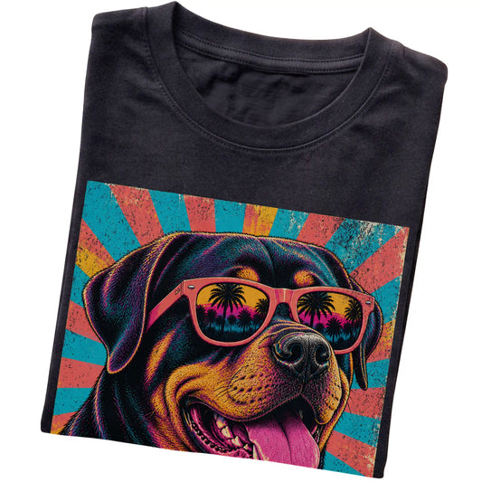 Folded Black softstyle T-shirt with a Retro Rottweiler Mama design