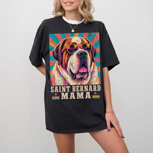 Retro Saint Bernard Mama design on a Black Comfort Colors T-shirt worn by a model
