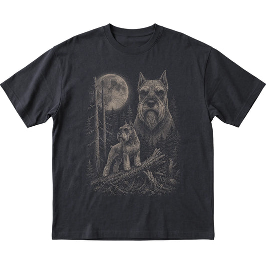 Schnauzer Moonlit Forest graphic on a black Softstyle T-shirt laid flat