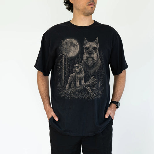 Man wearing a Black Schnauzer Moonlit Forest T-Shirt