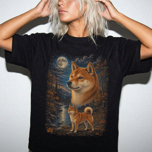 Model wearing a Black Comfort Colors® t-shirt featuring Shiba Inu in a moonlit fall forest