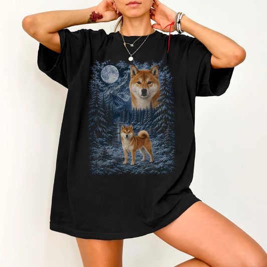 Person wearing a Black Shiba Inu winter forest t-shirt