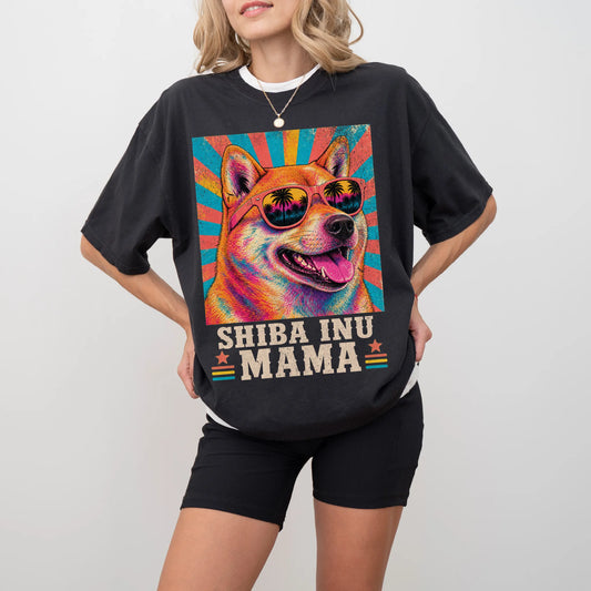 Retro Shiba Inu Mama design on a Black Comfort Colors T-shirt worn by a model